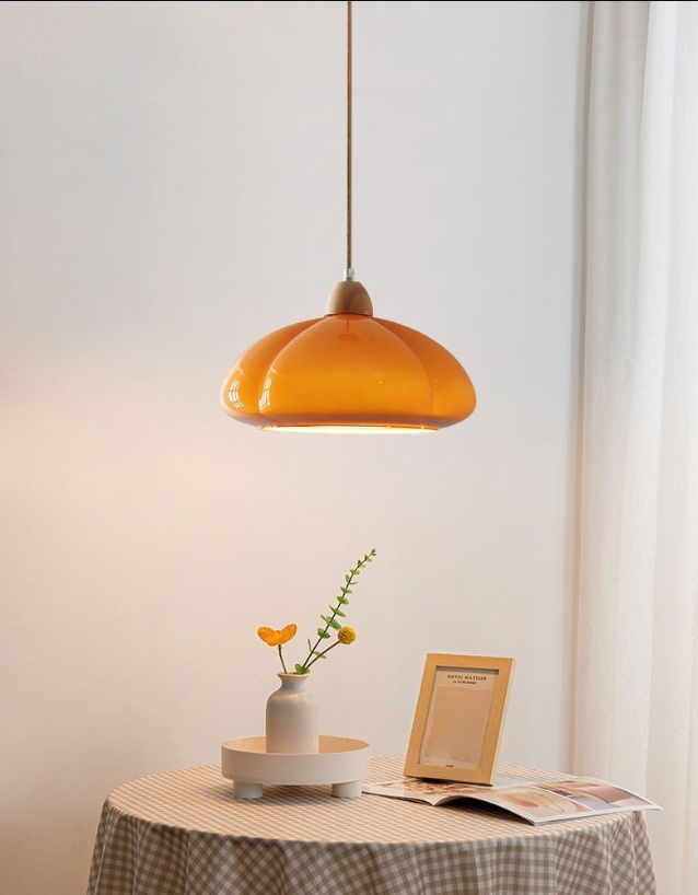 New Style Log Wood Glass Japanese-Style Retro Pendant Lamp For Bedroom And Dining Room Pumpkin Design