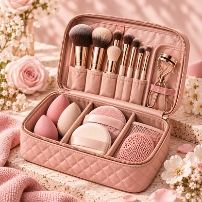 Pink Quilted Makeup Tool Storage Kit