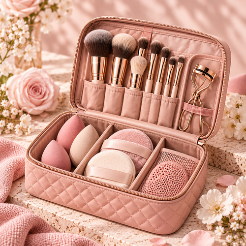 Pink Quilted Makeup Tool Storage Kit
